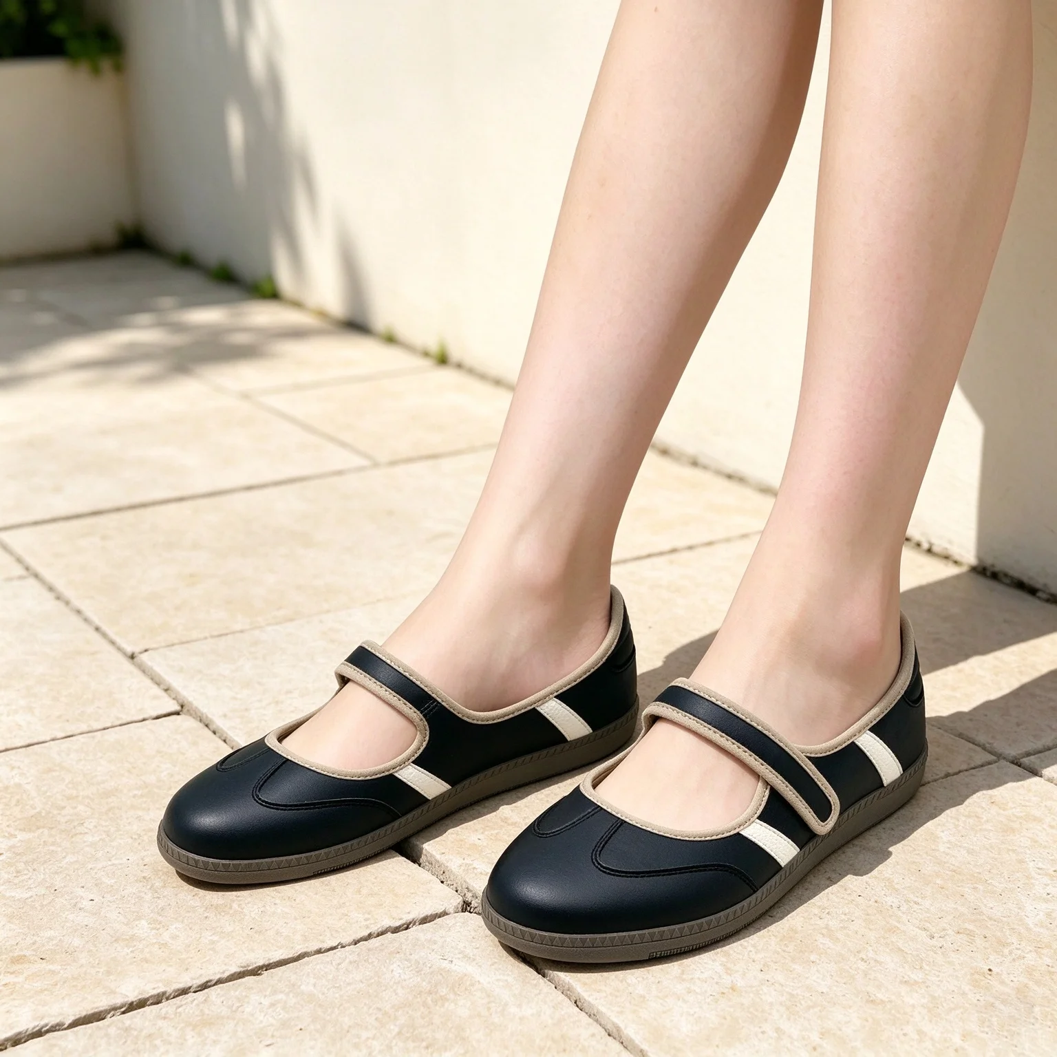 Women Retro Mary Jane Sneakers, Hook and Loop Strap, Side Stripes, Flat Casual Shoes for Daily Wear