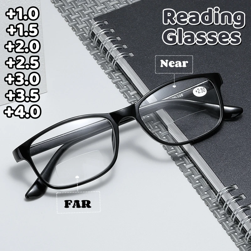 

Far Near Sighted Eyeglasses Elderly Fashionable Bifocal Reading Glasses Black Frame Blue Light Blocking Eye Protection Eyewear