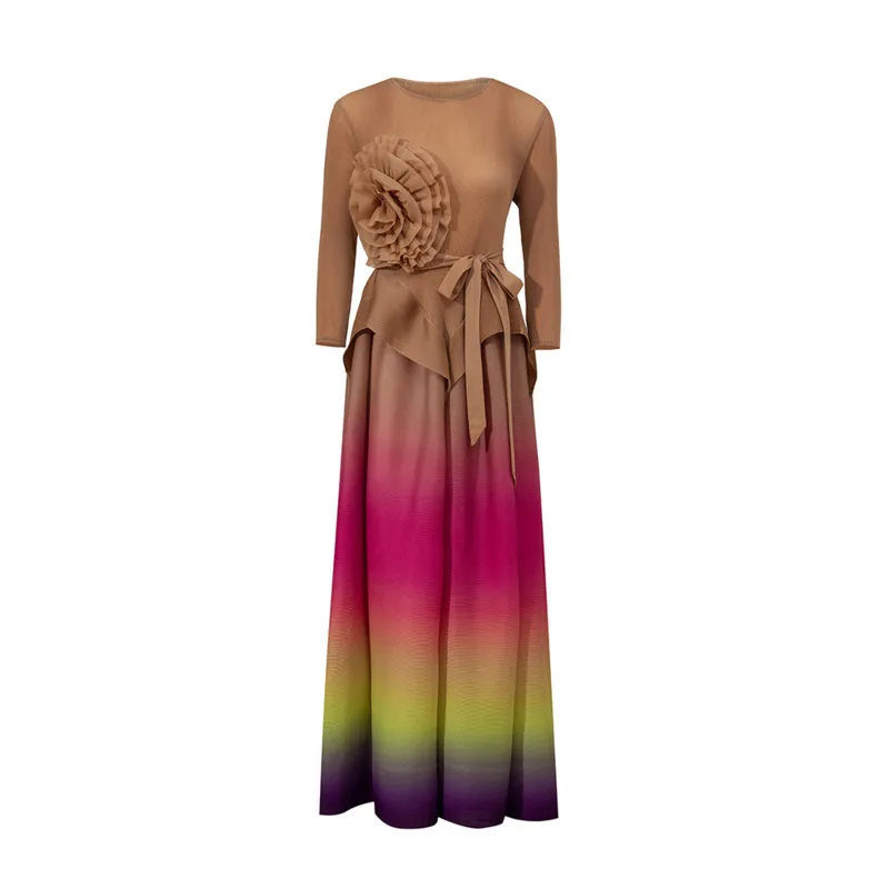 YFPF أنيقة التدرج فستان طويل المرأة مياكي مطوي ثلاثية الأبعاد زهرة تقسم الدانتيل متابعة تجمع الخصر فساتين الحفلات موضة 2026 جديد