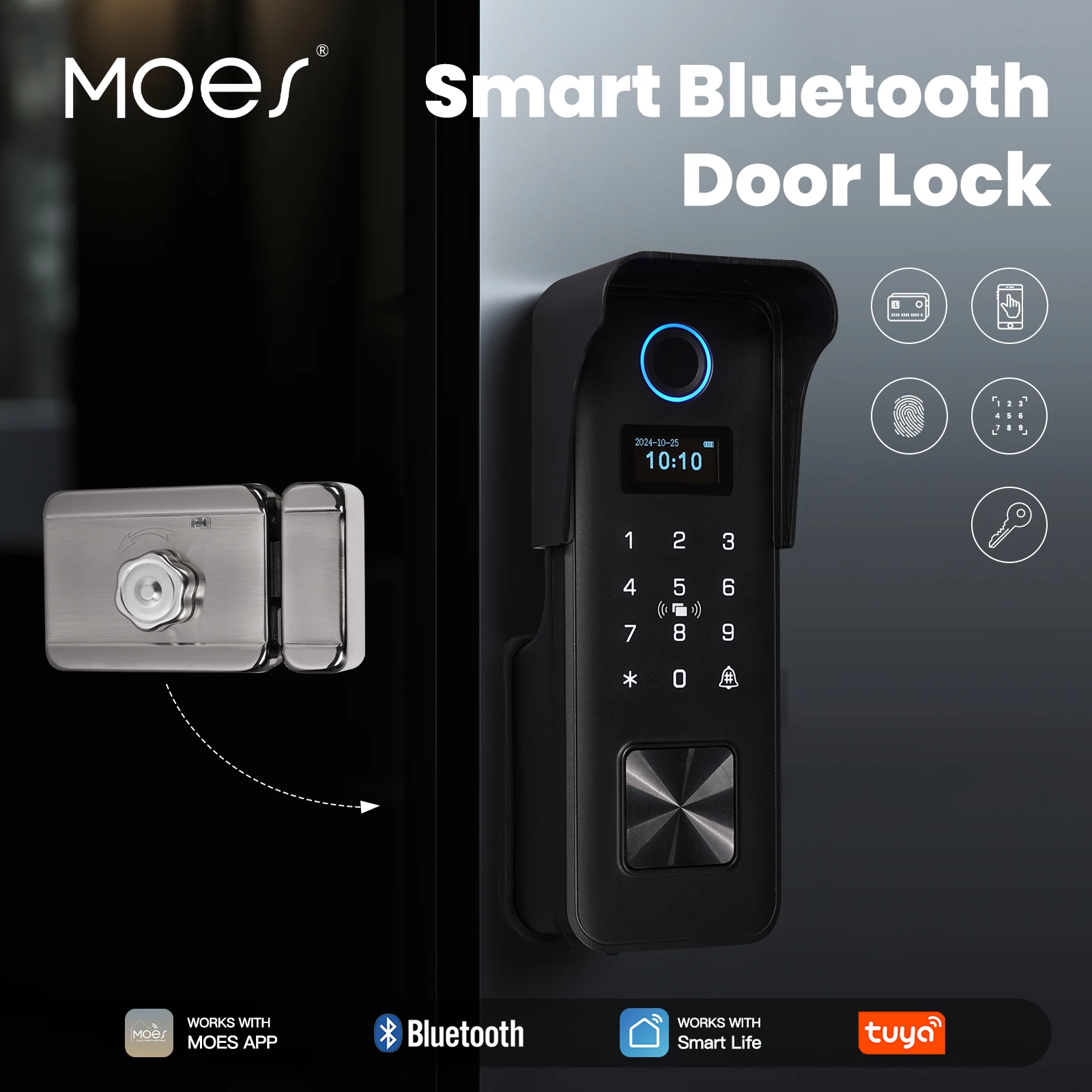 

MOES Tuya Bluetooth Smart Fingerprint Door Lock Password IPX4 Waterproof App Remote Control Unlock Key IC Card Entry Apartment