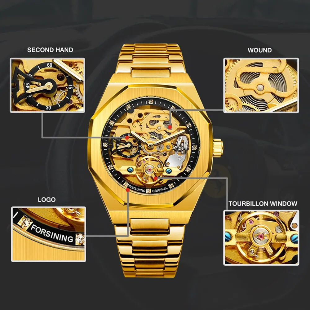 FORSINING Tourbillon Mechanical Watch for Men Automatic Steel Strap Skeleton Mens Watches Top Brand Luxury Reloj Hombre