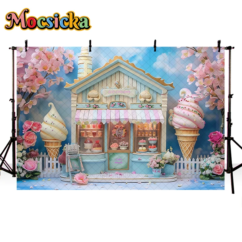 Mocsicka Photography Background Summer Ice Cream Shop Cone Floral Decor Cake Smash Kids Birthday Party Backdrop Photo Studio