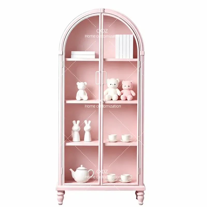 French Simple Light Retro Solid Wood Display Case Bookcase Dining Side Cabinet Restaurant Entrance Cabinet Pink