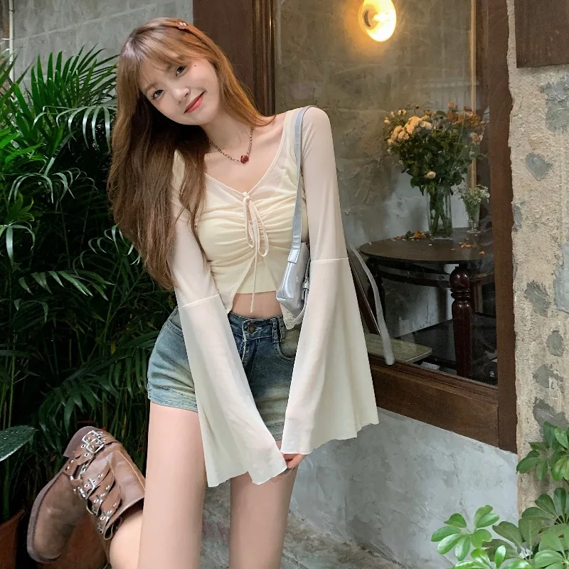 Summer Cardigan Women Sexy See Through Shirts Y2k Crop Tops + Vest Skin Korean Fashion Vintage 2000s Long Sleeve Bandage Blouses