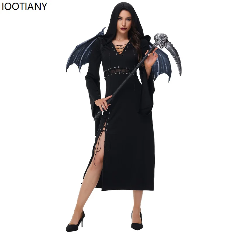 Halloween Gothic Demon Heks Cosplay Kostuums Vrouwen Zwarte Engel Verkleedkleding Carnaval Feest Optreden Zwarte Jurken Nieuw