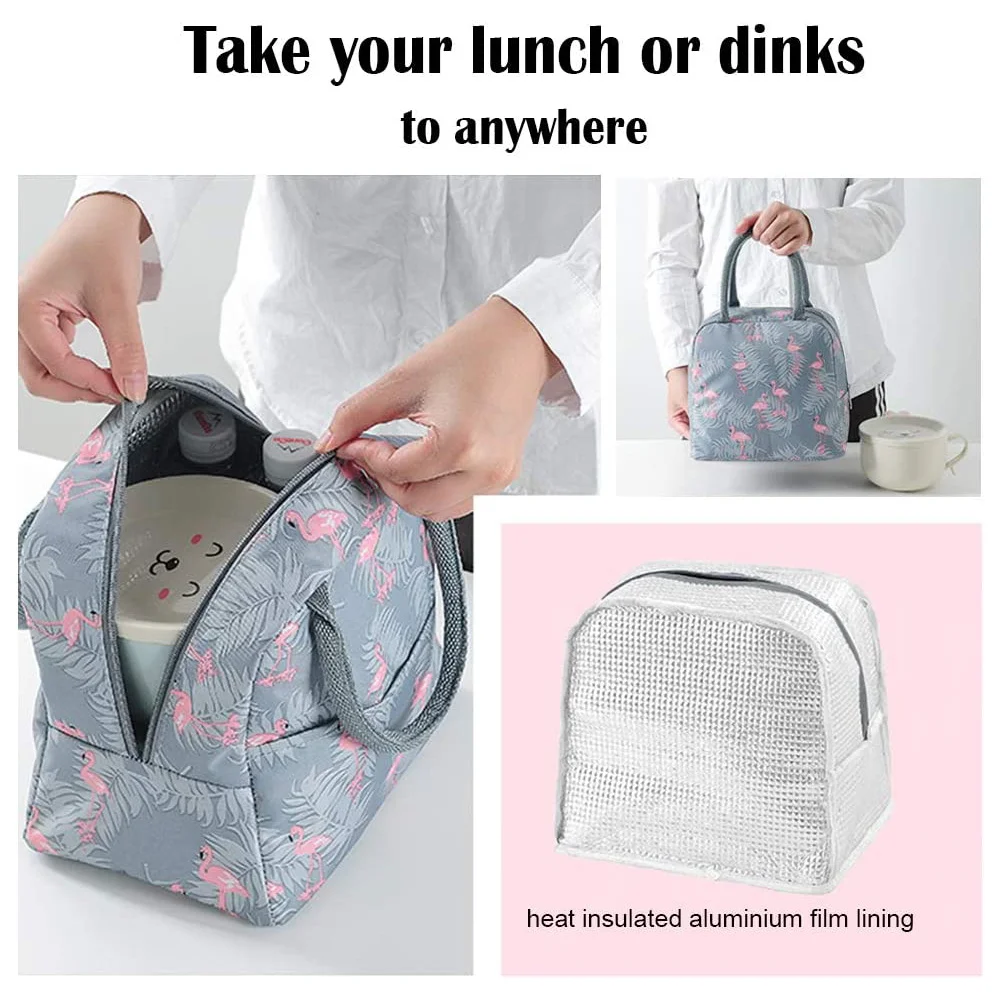 Bolsa de almuerzo térmica de gran capacidad, aislamiento térmico, bolsas de almacenamiento de Dinnner, bolsas de mano de flamenco, organizador de serie de flores rosas