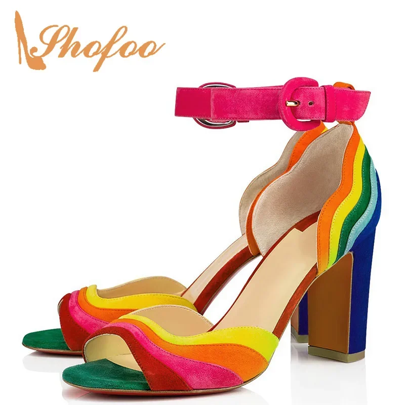 

Mixed Colors Ankle Wrap High Chunky Heels Buckle Strap Sandals Ladies Sweet Dress Plus Size 44 46 Woman Shoes Summer Luxury 2024