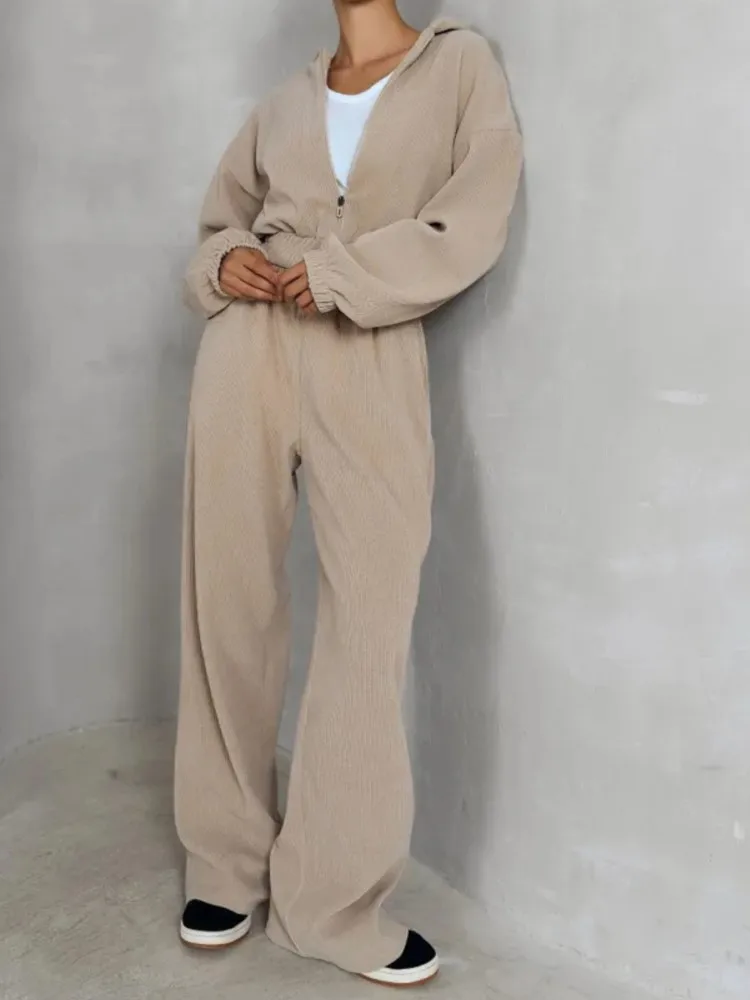 

Women's Casual Pants Set Autumn Solid Color Long Sleeve Hooded Cardigan Sweatshirt Elastic Waist Wide Leg Pants Two-piece Set