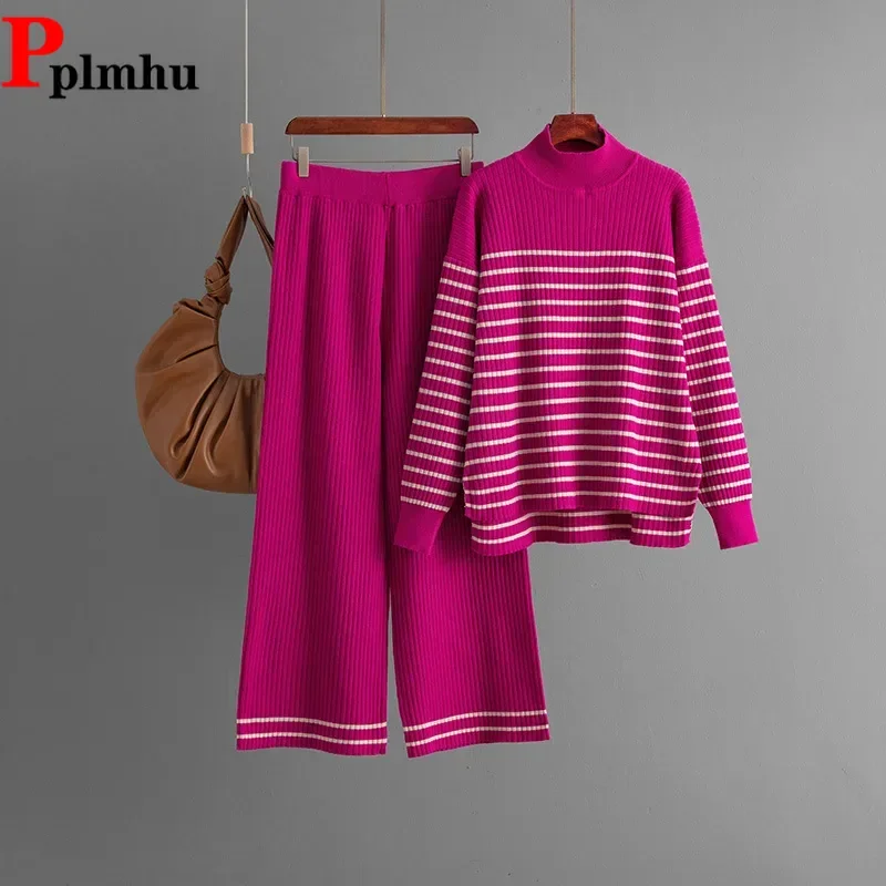 

Korean Half Turtleneck Striped Knitwears Pullover Tops Suits High Waist Wide Leg Pants Outfit Women Casual Knitted 2 Piece Sets