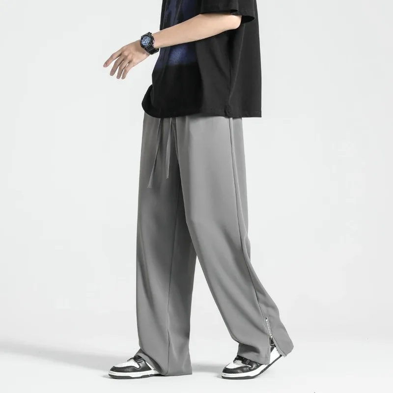 Men'sspring Autumn Elastic High Waisted Solid Zipper Pockets Casual Loose Work Wide Leg Trousers England Style Vintage Pants