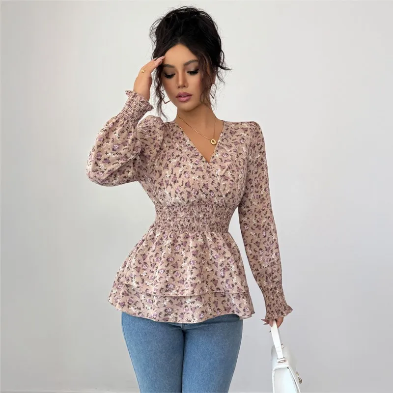 Elegance Women's Shirt Spring And Autumn Slim Flower Print Corset V-neck Puffed Sleeves Ladies Top Fresh Sweet Office Lady Tops