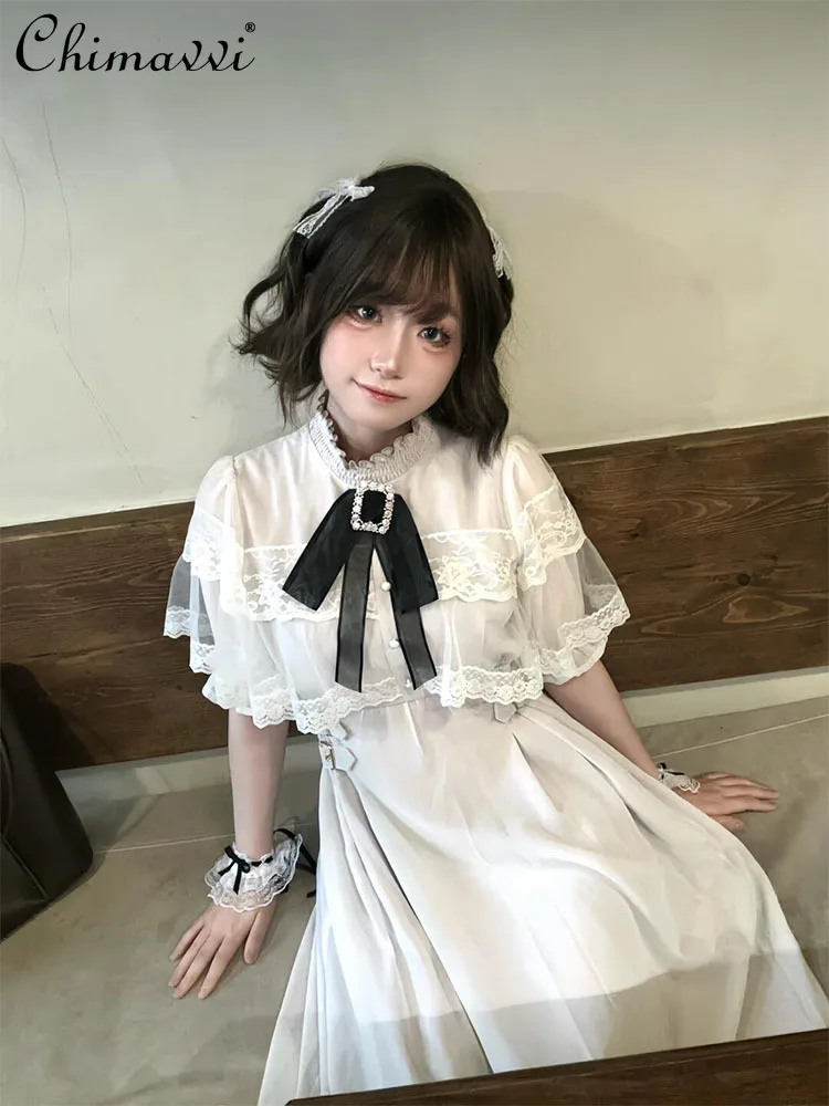 Mine série produzido em massa capa de fio meio punho broche vestido de renda verão novo japonês lolita vestido longo de cintura alta feminino