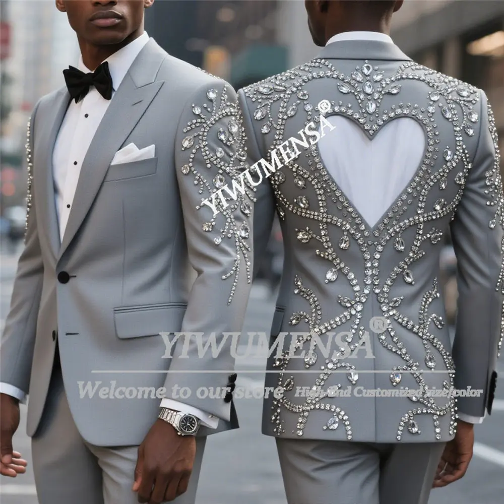 

Мужской модный костюм по индивидуальному заказу, мужские комплекты из 2 предметов, расшитые бриллиантами, свадебные смокинги для жениха, однобортные пиджаки для выпускного вечера, наряды с вырезами