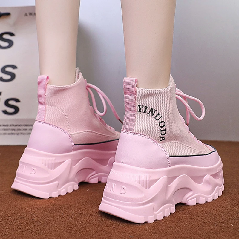 Fashion Pink Chunky Platform Motorcycle Boots Women Thick Bottom Lace Up Ankle Botas Mujer Autumn Winter 2023 Vulcanized Shoes