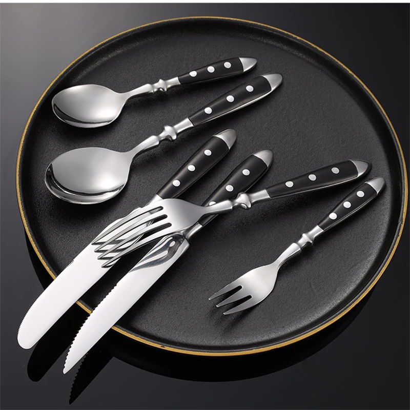 Western 430 Stainless Steel Cutlery Set Balck Full Service Tableware Rivet Handle Serving Spoon Knife Fork Teaspoon Teafork