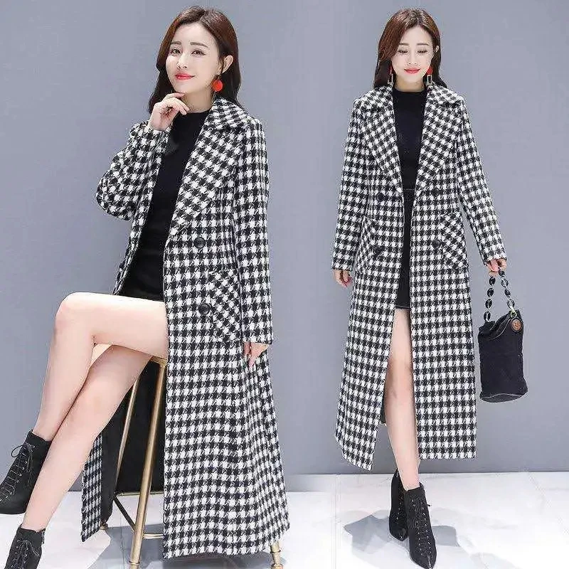 

Fashion Houndstooth Faux Wool Jacket Women Autumn Winter Korean Thick Warm Wool Blend Coat Long Double Breasted Woolen Overcoat