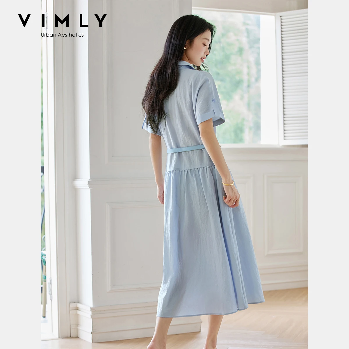 VIMLY bleu chemise robe femmes 2025 été dames Midi français a-ligne avant poches Polo ceinture Robes femme Robes Midi A2515