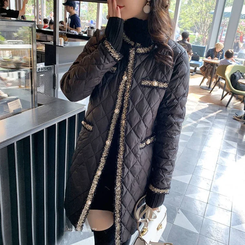 

Women Elegant O Neck Button Lightweight Long Warm Outerwear Tassels Patchwork Female Black Padded Jacket 2021 Winter Wadded Coat