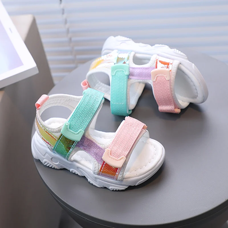 Summer Children Soft Comfy Sport Sandals Breathable Mesh Baby Girls Boys Non-Skid Shoes Colorful Reflective PU Leather Shoes ﻿