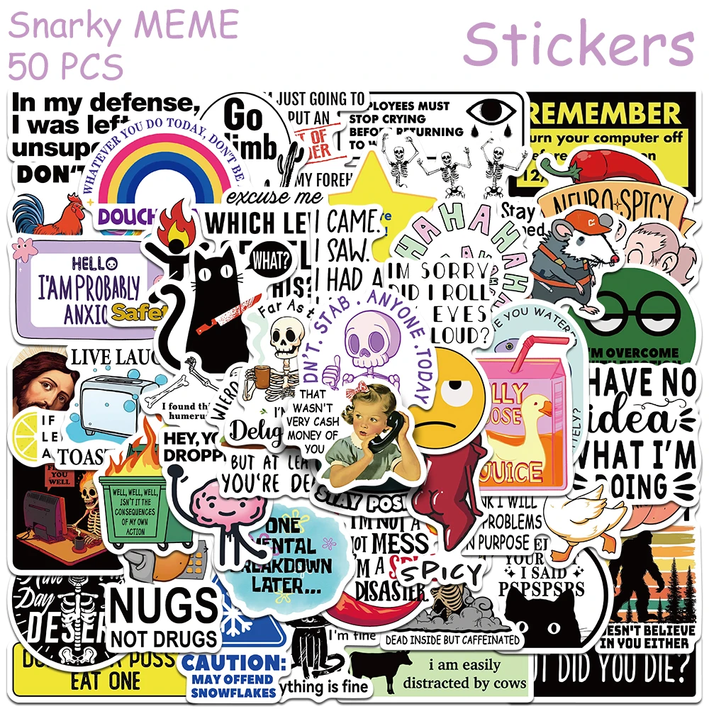 50pcs Cartoon Snarky MEME Stickers Decals For Phone Scrapbook Skateboard Suitcase Refrigerator Graffiti Aesthetic Stickers