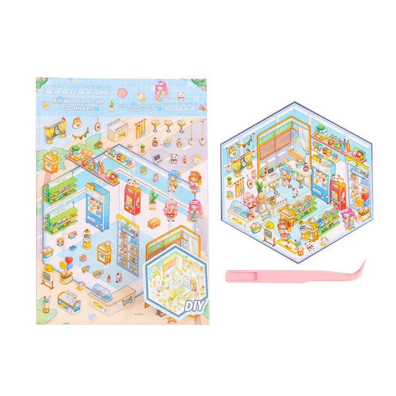 Cartoon Landscape Stickers Cute 3D Miniature House Handmade DIY Decompression Landscape Tent Stickers Painting