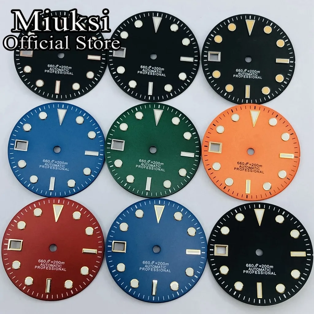 Miuksi 29mm black green blue red orange watch dial luminous 9 o\'clock date fit NH35 movement