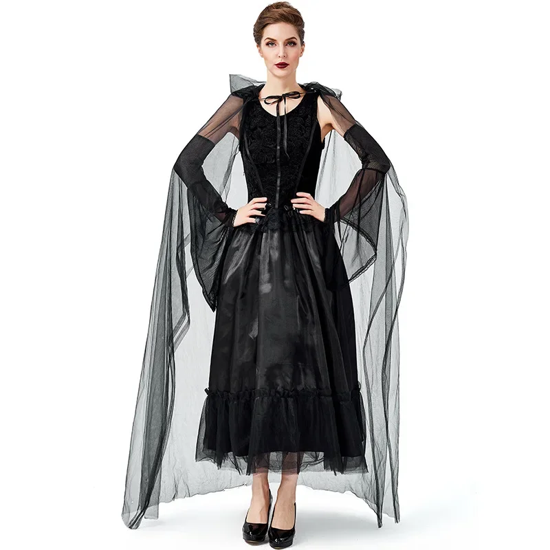 

2020 Halloween Black Gothic Witch Costume for Adult Women Carnival Fantasia Witch Cosplay Game Role Party Funny Dress