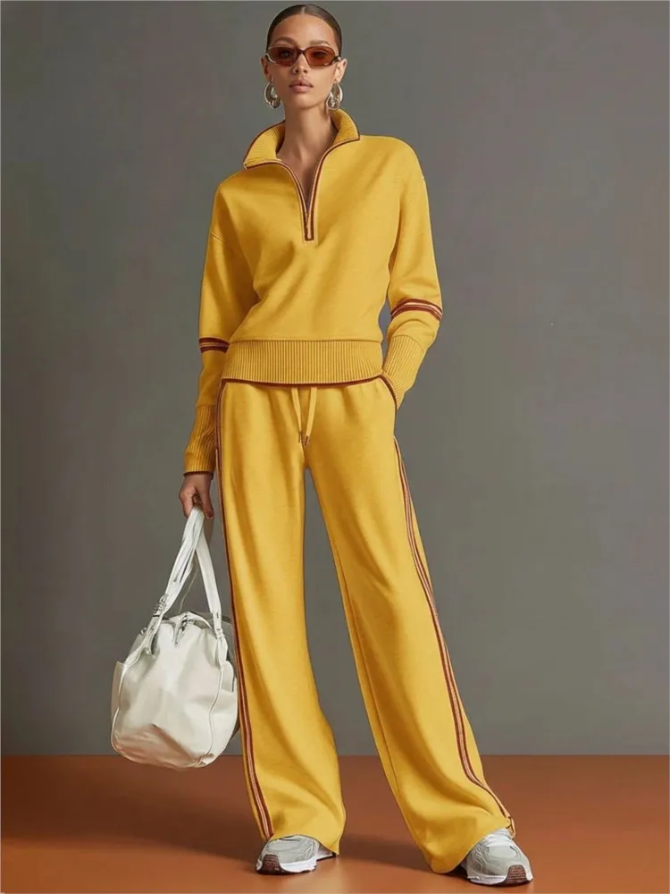 

New Casual Sports 2 Piece Suit Spring Autumn Elegant Color-blocked Stand-up Collar Sweatshirt + Wide-Leg Pants Two-Piece Set