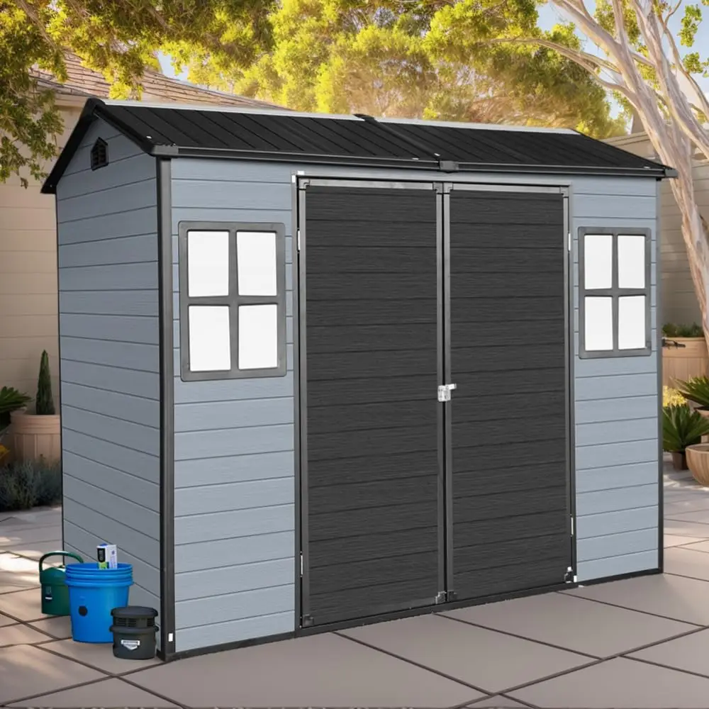 Outdoor Storage Shed 8x4FT Resin Shed Gray Black with Floor & Windows, Customized