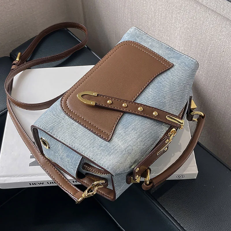 Denim And PU Splice Bag Fashion Color Contrast Women 2023 New Pop Handbag Light Luxury Texture Single Shoulder Crossbody Pack