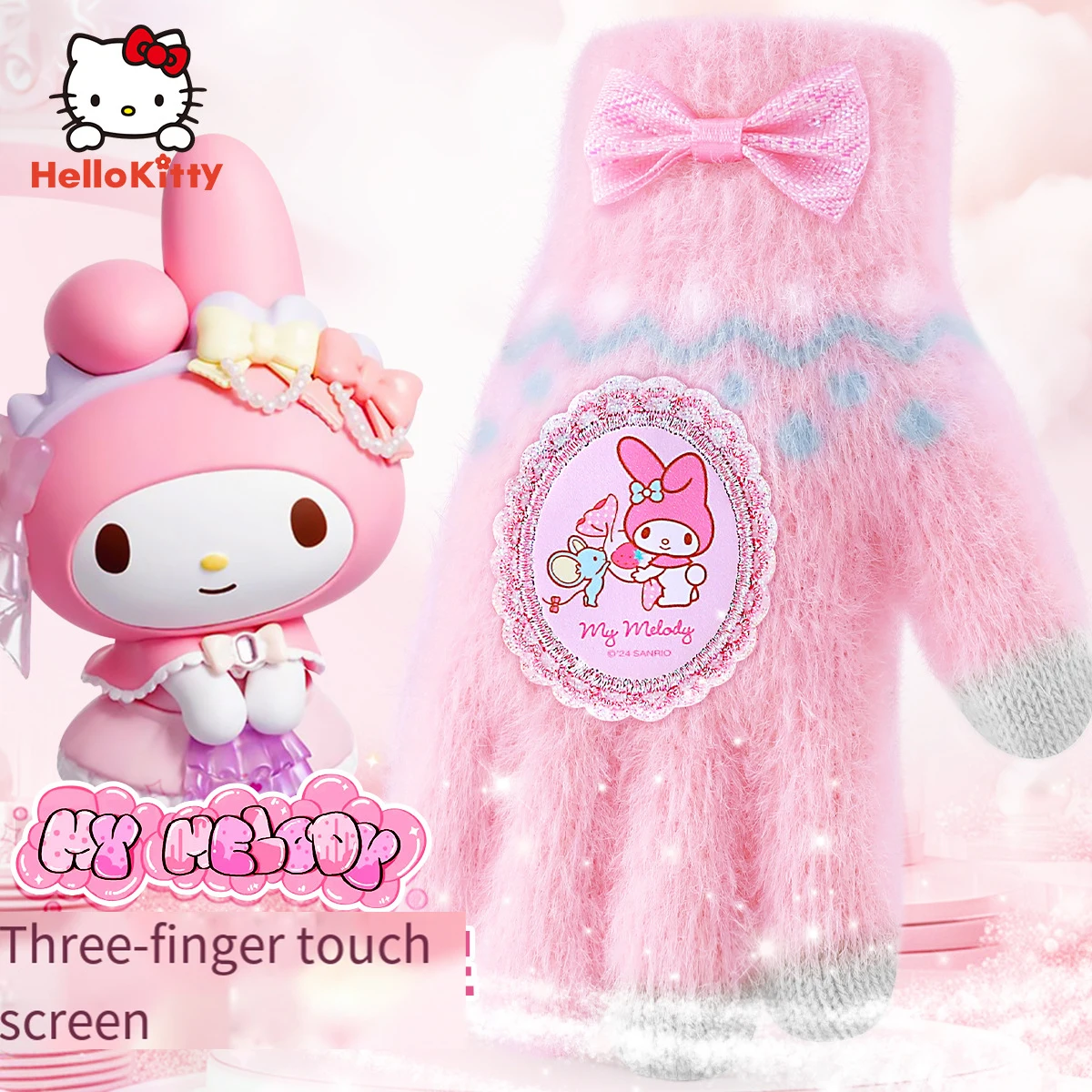 

My Melody Girl Gloves Autumn Winter New Keep Warm Kawaii Cartoon Velvet Thicken Knitting Cute Sanrios Anime Figure