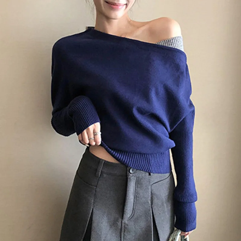 

Вязаный свитер, женские пуловеры, новый черный вязаный свитер с длинным рукавом и косым воротником, пуловер, женские топы, свитера, женская одежда Q1416