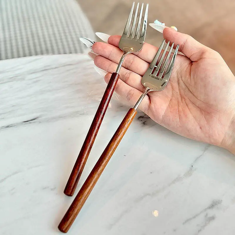 

Wood Handle Dinner Forks 304 Stainless Steel Table Forks Dessert Pasta Forks Premium Cutlery for Kitchen Restaurant
