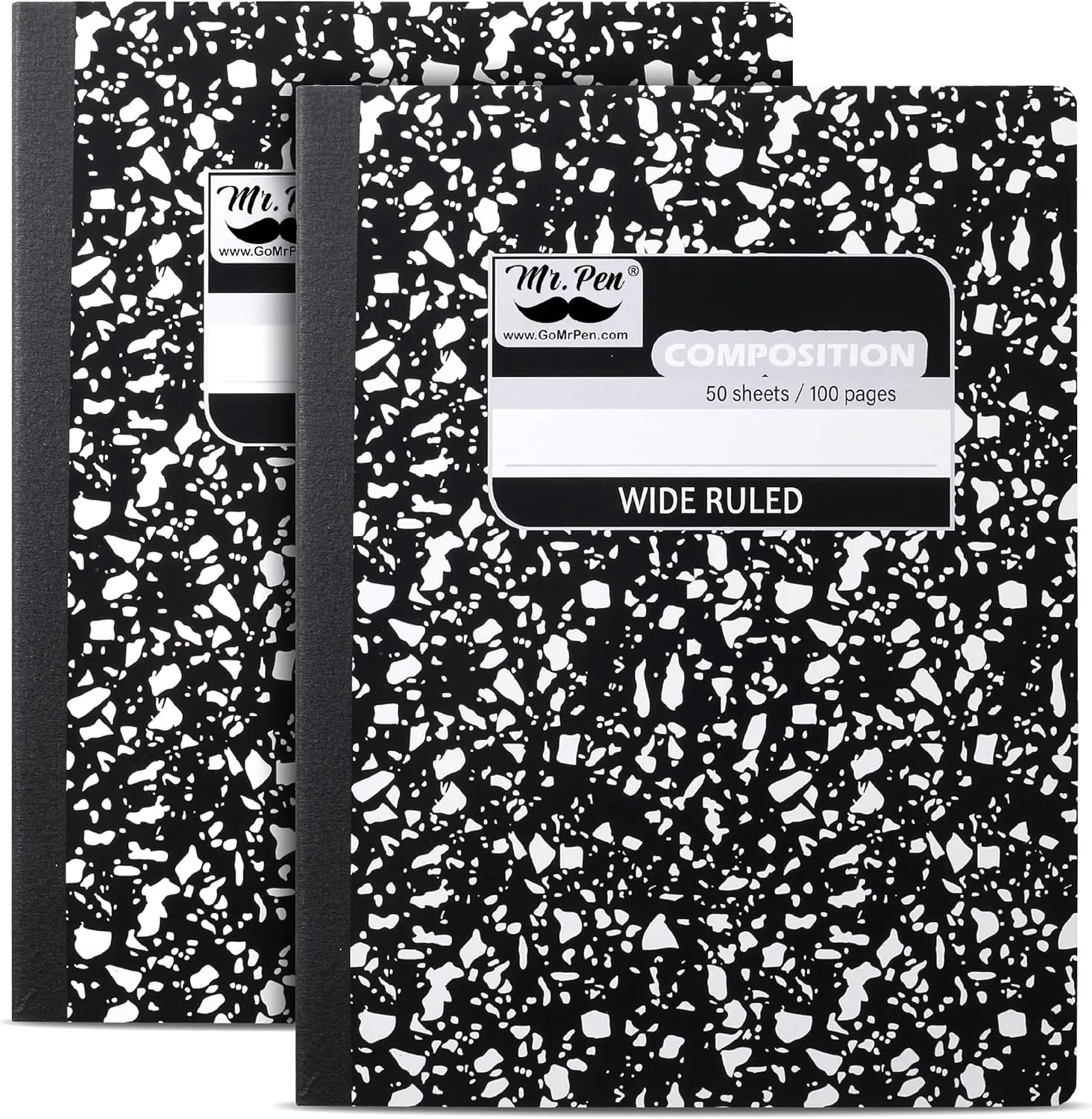 

2 Pack Wide Ruled Composition Notebooks, 50 Sheets Each, 9.75"x7.5", Black Marble Cover, Perfect for School & Office