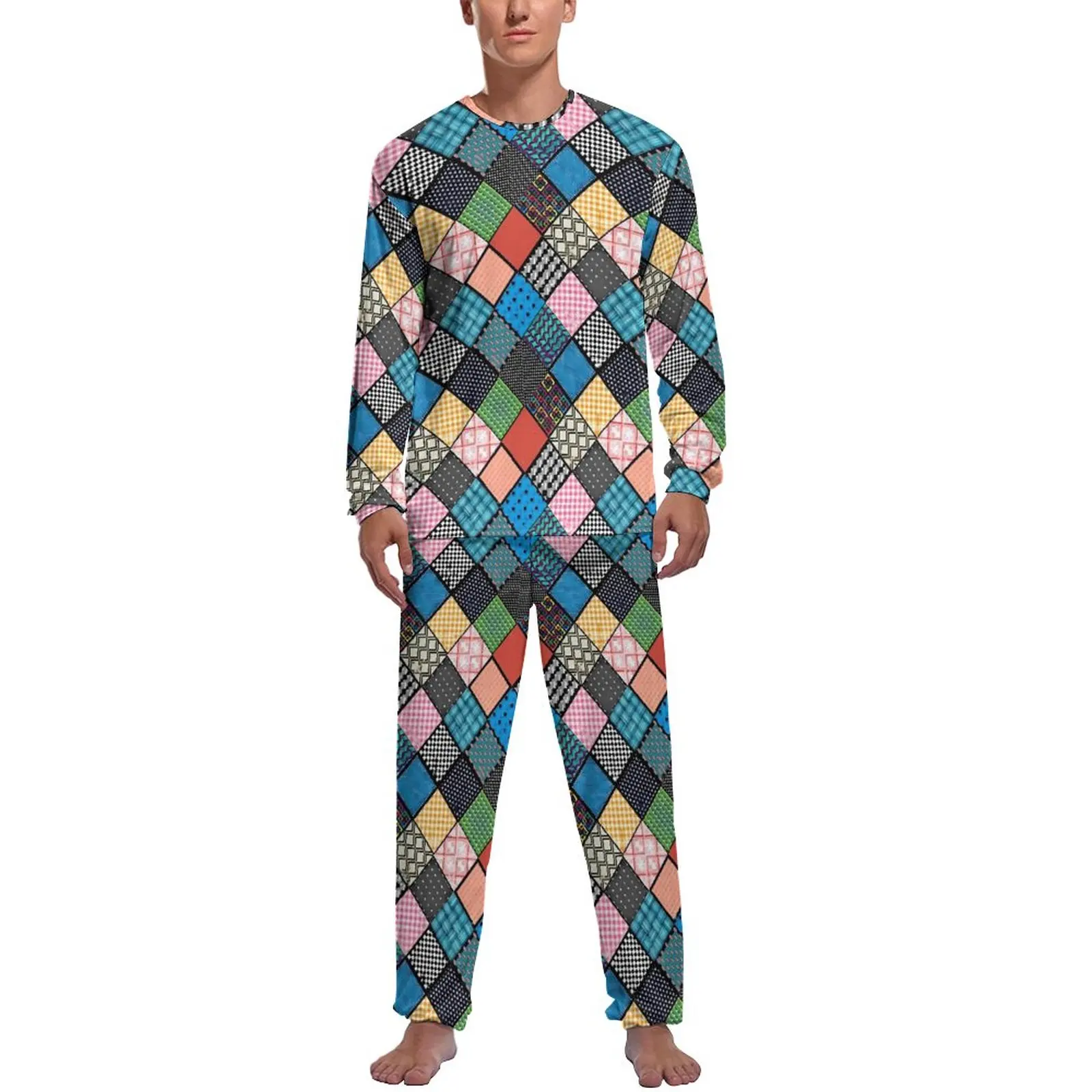 Patchwork Print Pajamas Retro Square Man Long-Sleeve Fashion Pajama Sets 2 Pieces Sleep Spring Design Nightwear Birthday Gift