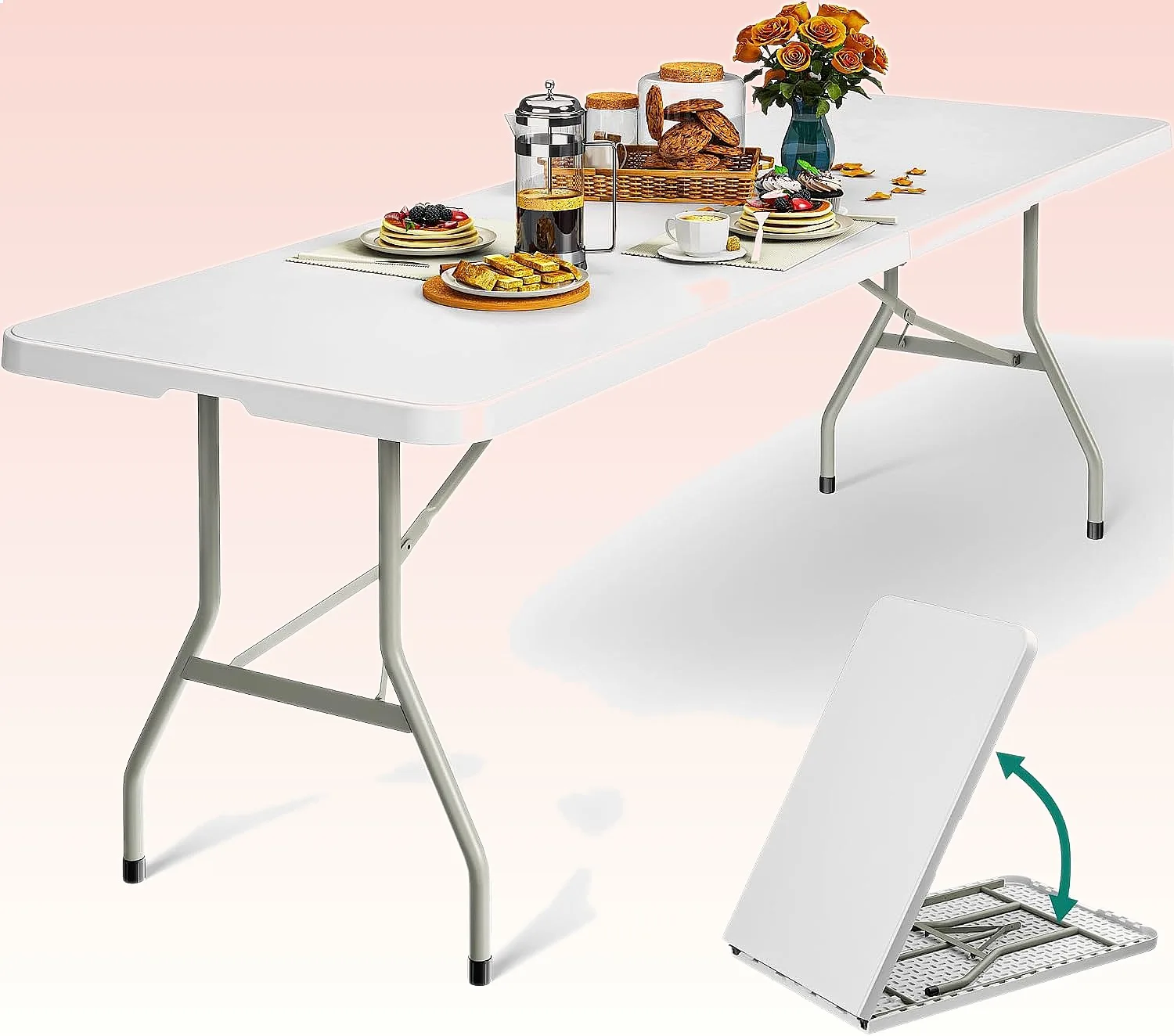 YITAHOME 8FT Heavy Duty Folding Table with Carry Handle, Plastic Fold Up Table for Camping Picnic Parties Indoor Outdoor White