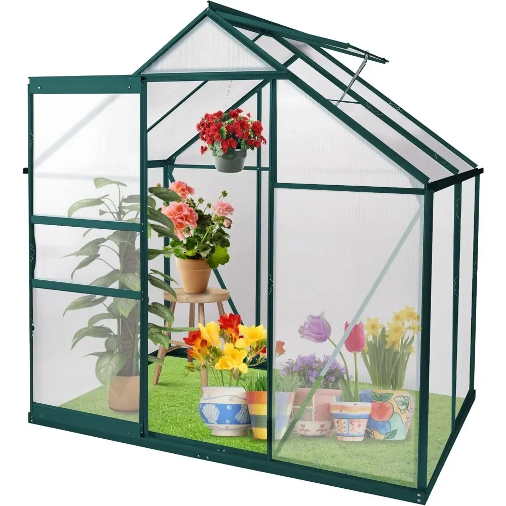 Outdoor Greenhouse, 6'X 4' Walk-in Greenhouse for Outside with Roof Vent, Rain Gutter, Polycarbonate Aluminum Heavy Duty