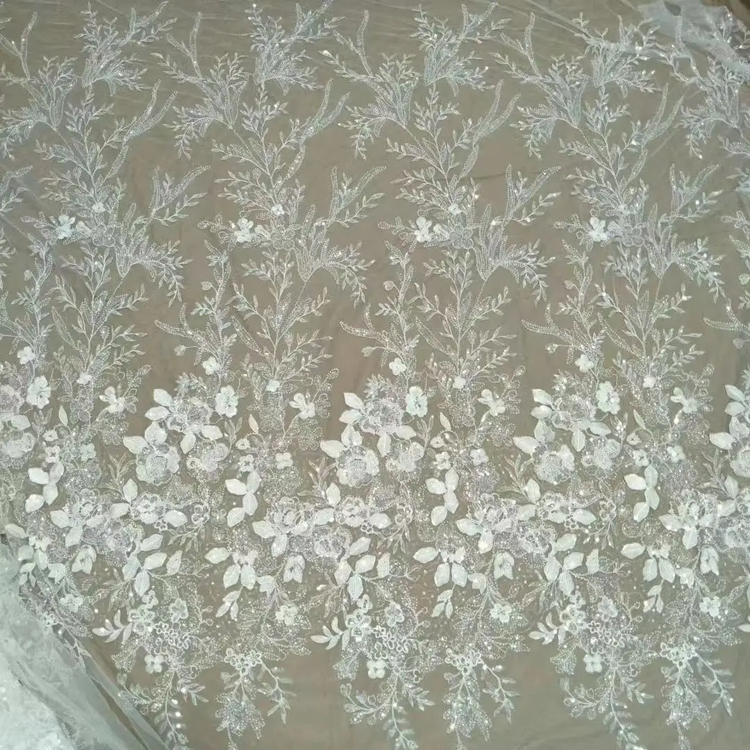 Beautiful floral lace fabric with sequins and beads wedding dress lace 130cm wide sold by yard