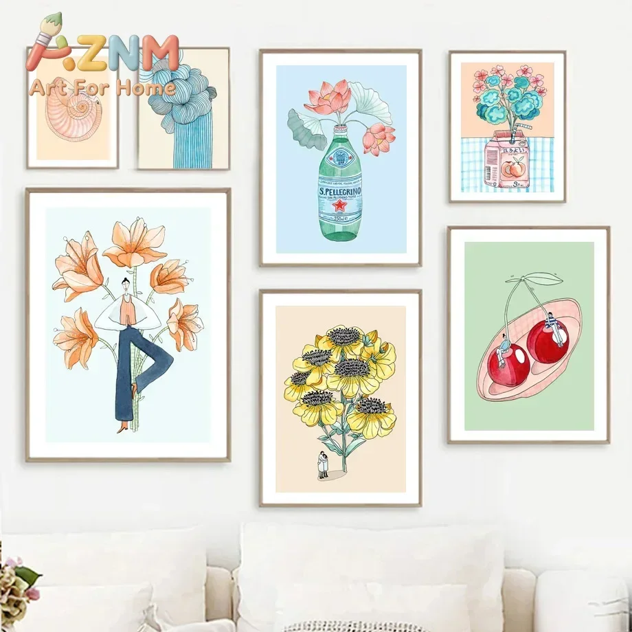 Wall Art Canvas Painting Nordic Cherry Fig Lotus Juice Drink Funny Pastels Poster And Prints Wall Pictures For Living Room De