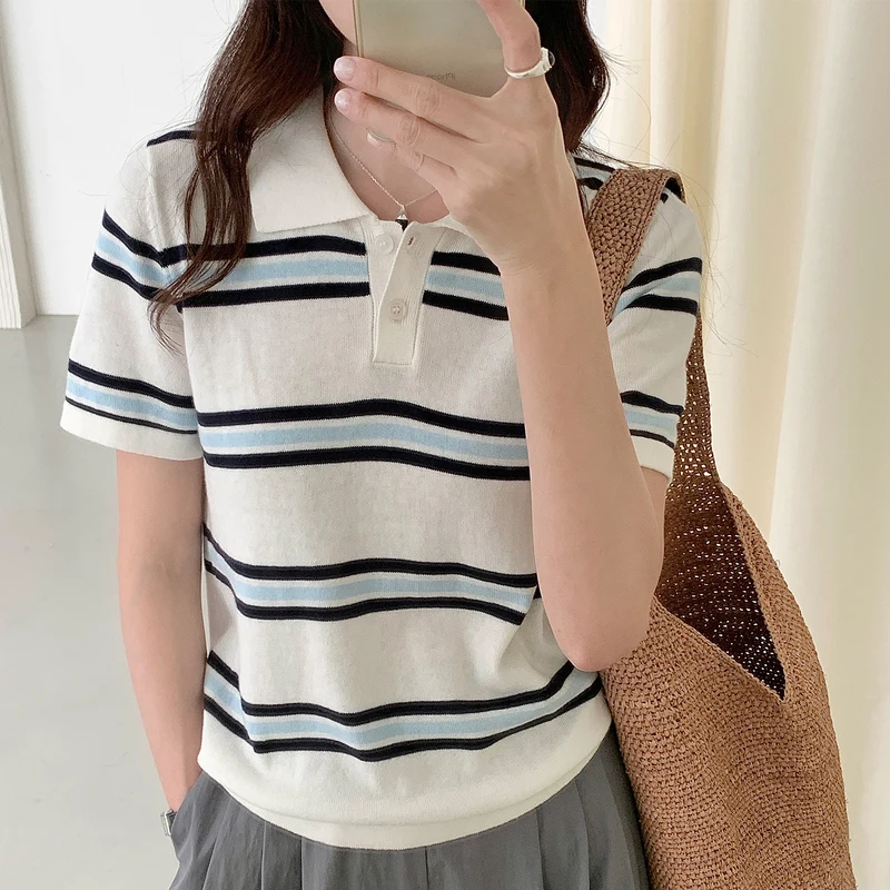 Summer 100% cotton women's T-shirt casual striped knit pullover short sleeved l…
