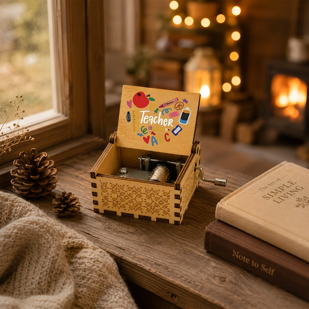 1 boîte à musique en bois à manivelle, cadeau créatif pour la fête des enseignants, mélodie classique apaisante, cadeau de remerciement pour les réceptions et les fêtes
