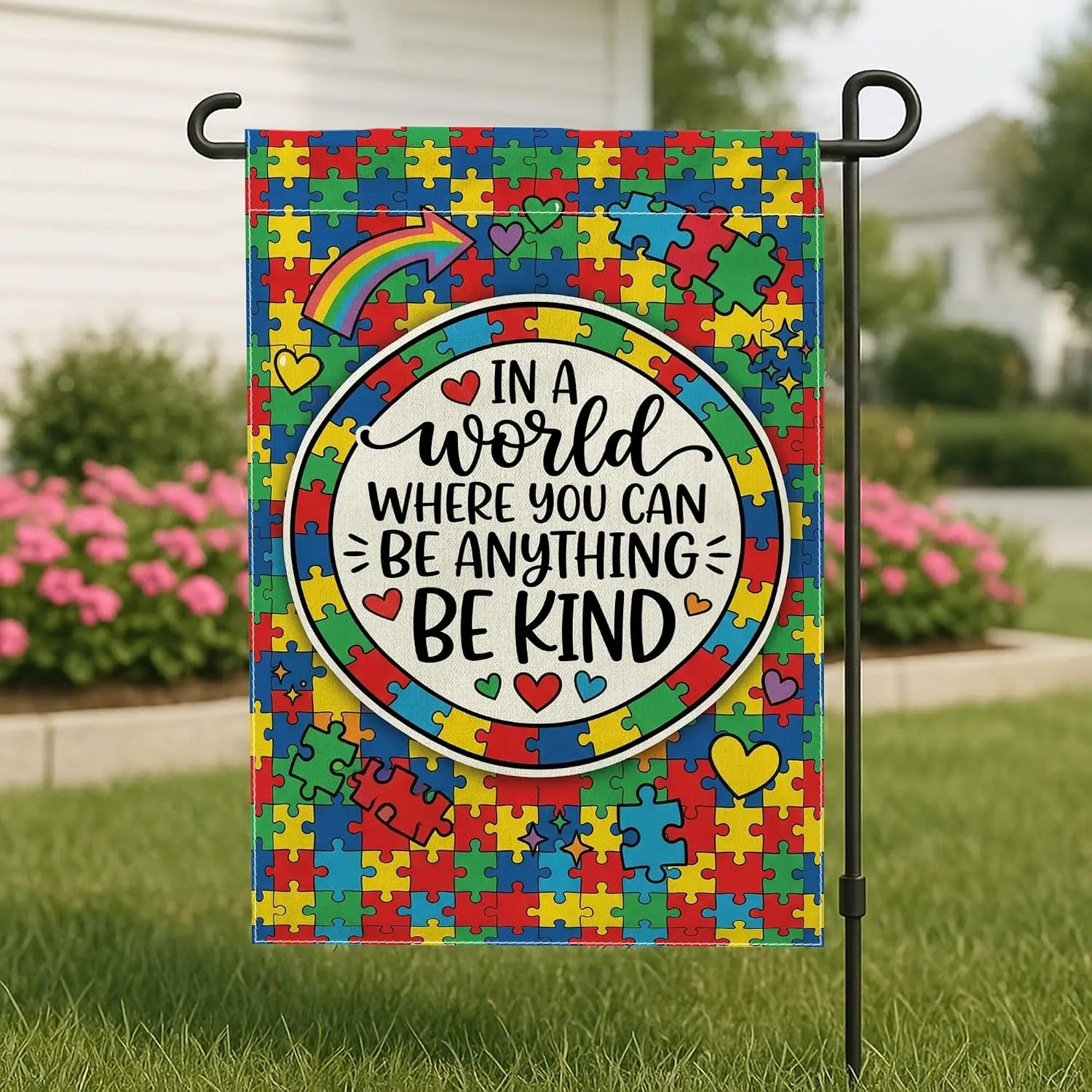 Puzzle Garden Flag, Playful Colorful Rainbow Hearts None Multicolor Double Sided Burlap Yard Decorative Flags for Outdoor La kkz