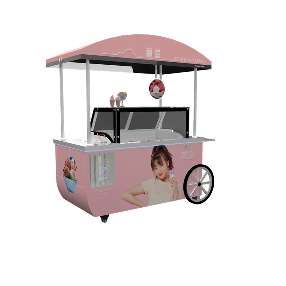 

2023 Mobile Hand Push Ice Cream Carts with Freezer Beach Cart Salad Popsicle Vending Kiosk Gelato Display Showcase