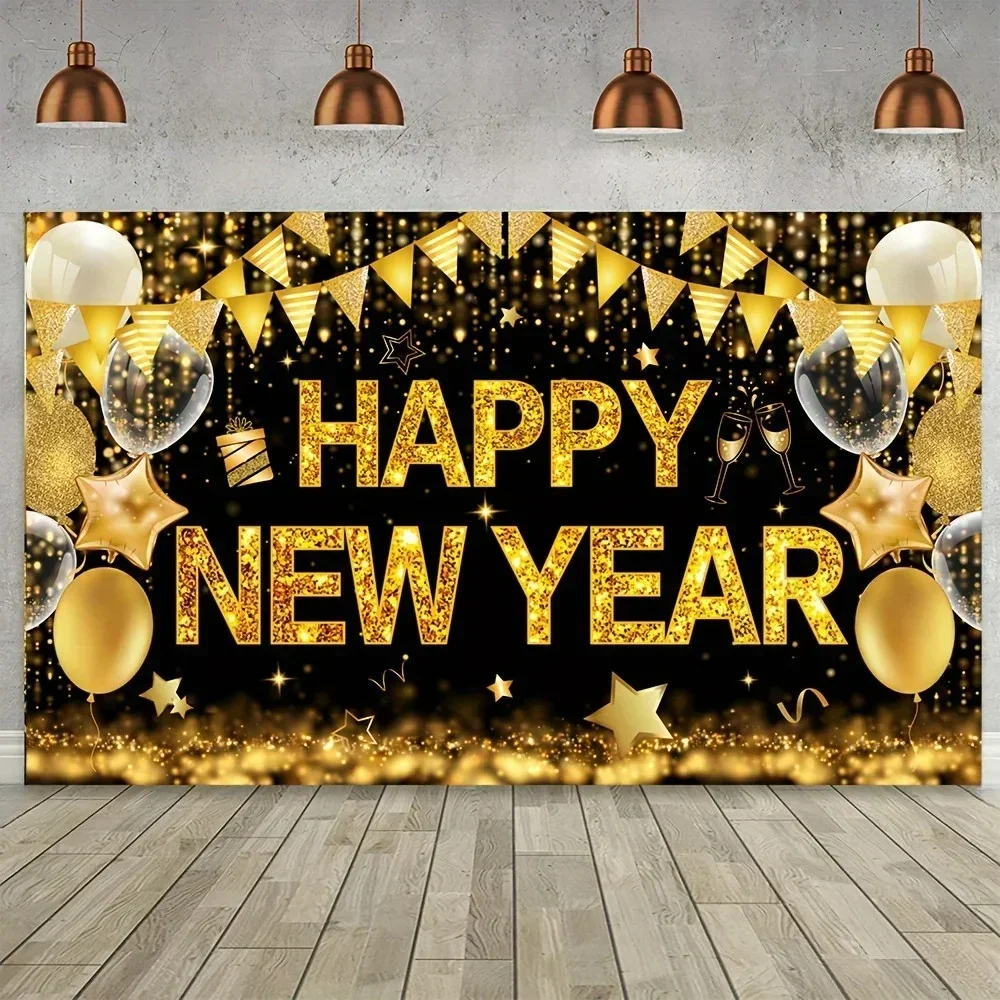 Frohes Neues Jahr Fotografie Hintergrund Schwarz Gold Funkelndes Dekor Banner Familie Jährliche Party Porträt Foto Hintergrund Dekoration