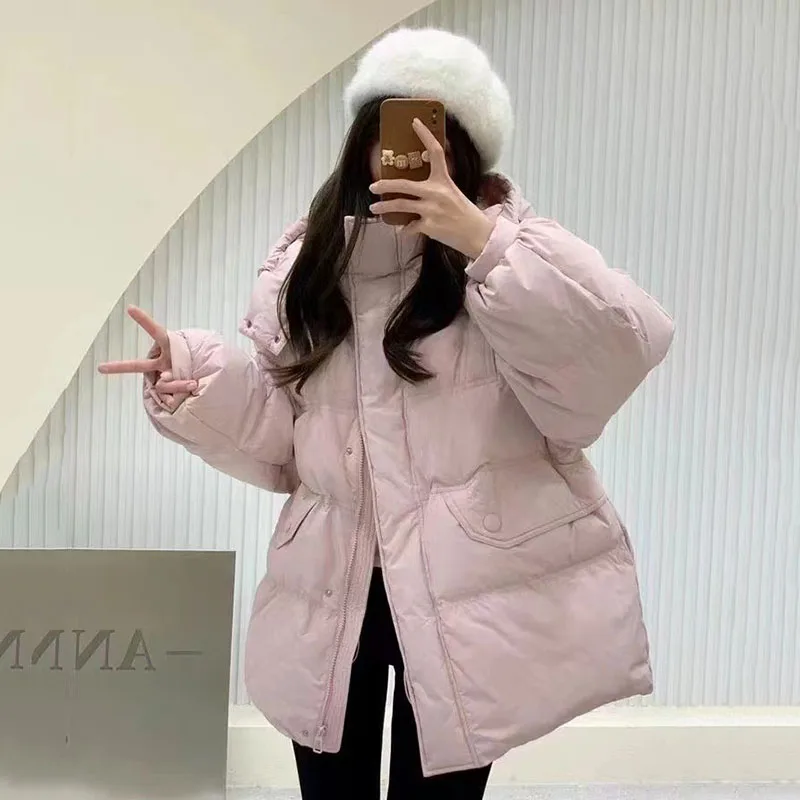 Piumino da donna caldo con cappuccio in piumino d'anatra bianca 2025 Piumino da donna spesso allentato casual con impunture in vita coreana di nuova moda H474