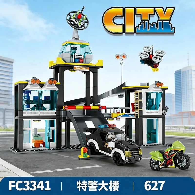 City Police Station Building Blocks Set with Helicopter & Patrol Car, Boys Construction Toy Model, Creative Play Gift
