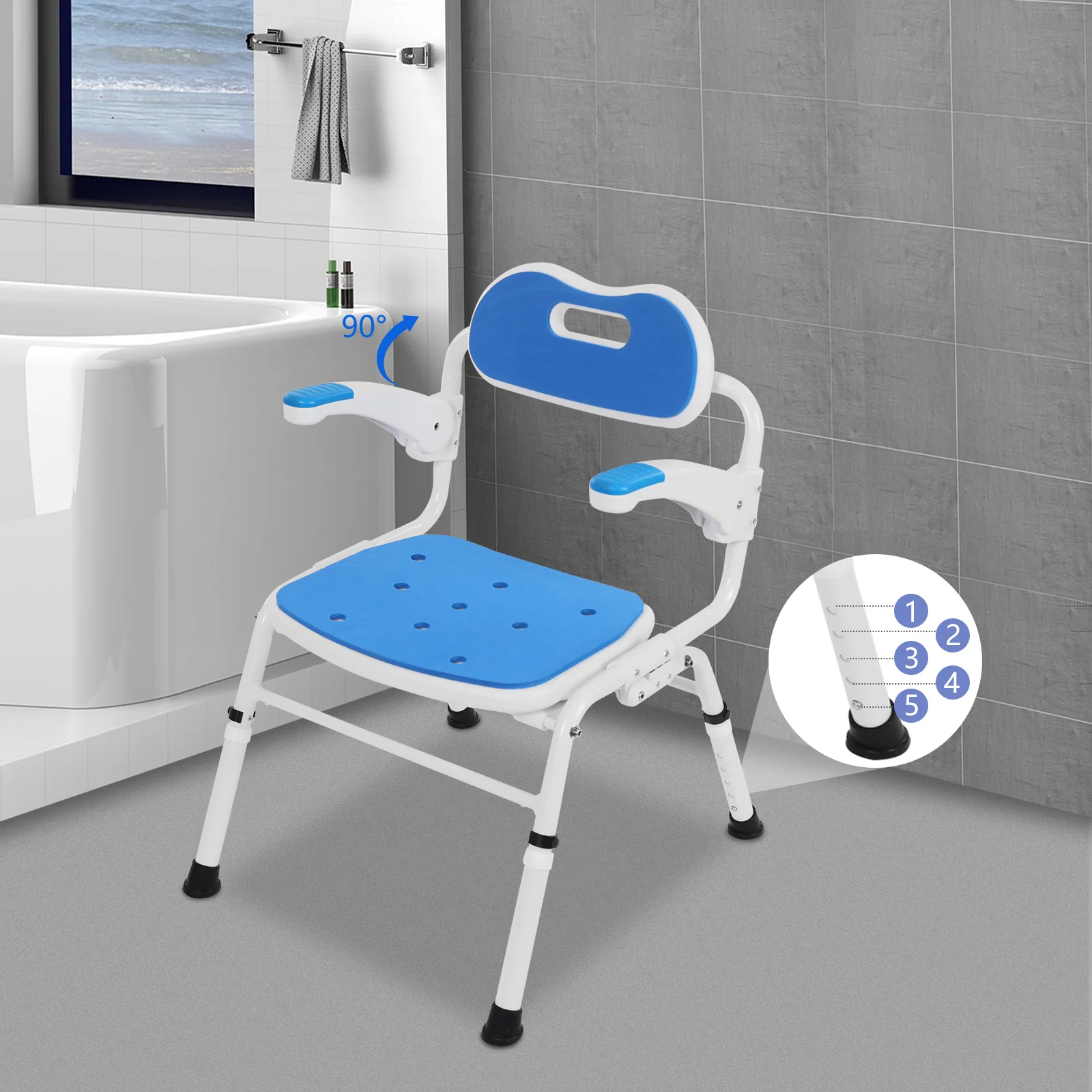 Folding Shower Chair with Reversible Arm 275lbs Adjustable Height Bath Safety Toilet Seat Non-Slip Feet for Pregnant Elderly Aid