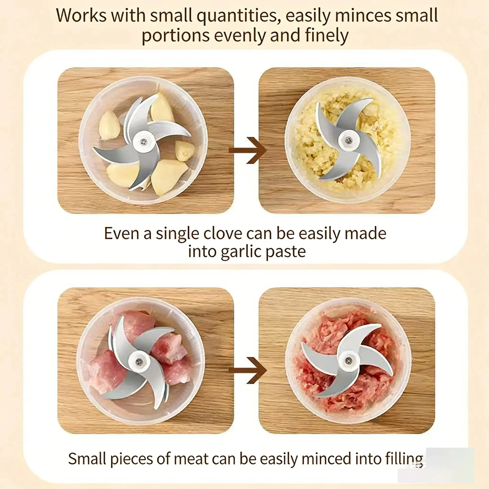 1pcs Electric Garlic Chopper, 4 Sharp Blades，Portable Veggie Chopper, 300ML Garlic Grinder Masher Onion Chopper, Blender to Vegetable, Cordless Food Processor for Ginger, Chili, Fruit, Meat, Spices, Beans, etc view 3