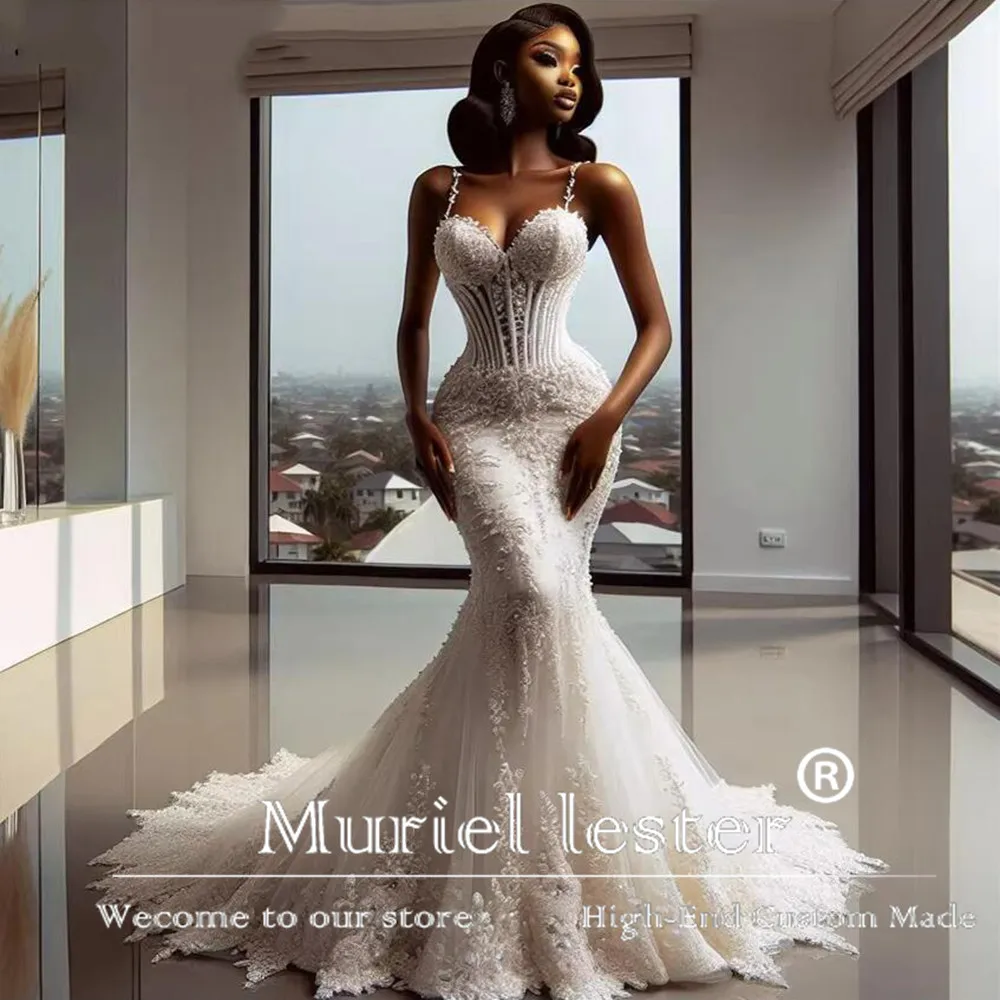 

Aso Ebi African Lace Appliques Mermaid Wedding Dress Customized Spaghetti Straps Bridal Gowns Plus Size Bride Formal Party Dress
