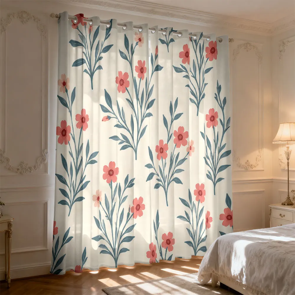 2pcs Boho Cottage Floral Blackout Curtains Pink Wildflower Green Leaf Print Thermal Insulated Drapes for Bedroom Living Room